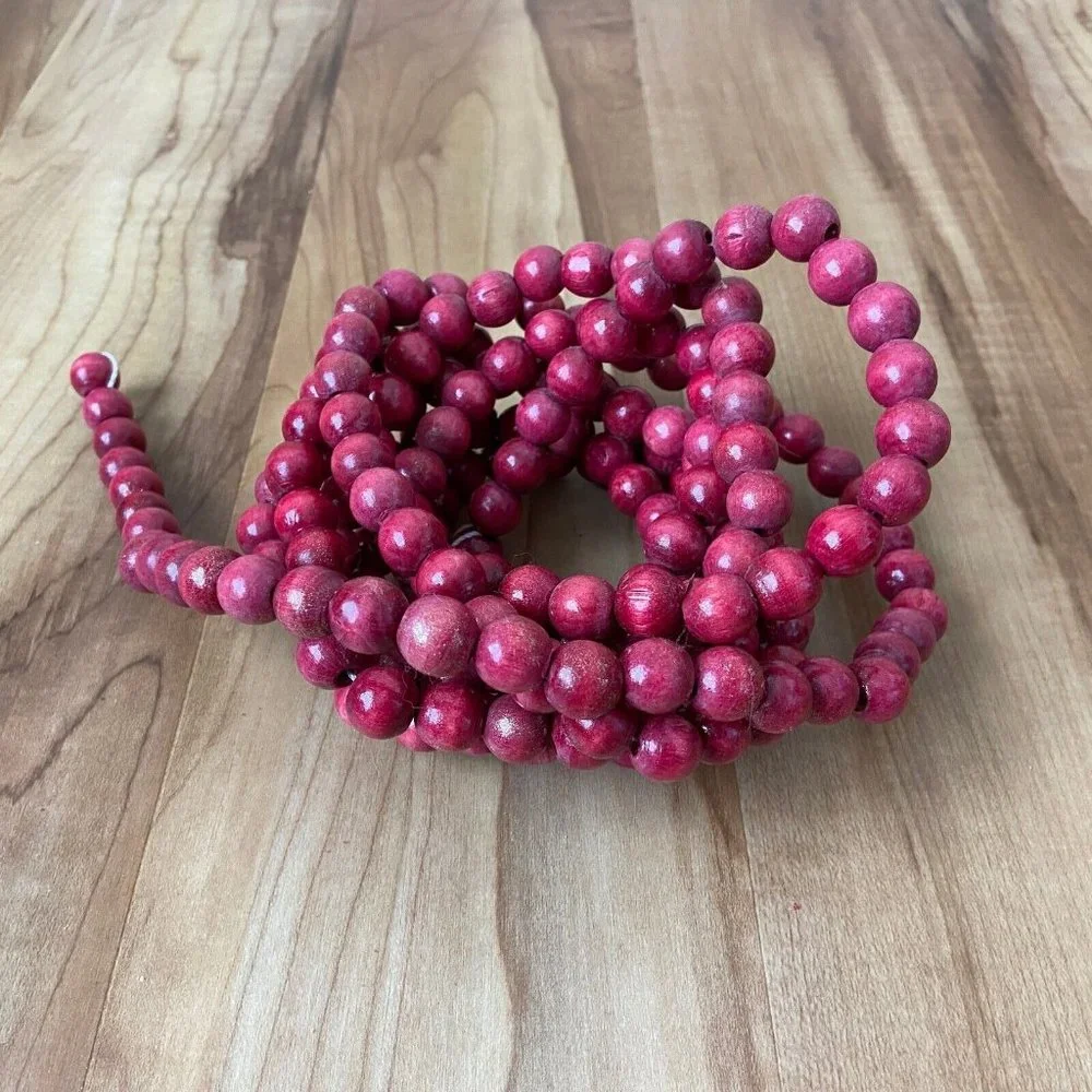 Christmas Holiday Decor Burgundy Red Wooden Bead Garland 52''